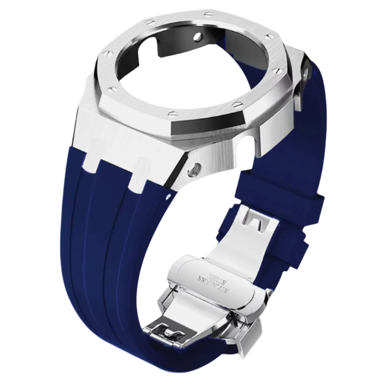 Blue Rubber and Silver Steel Band