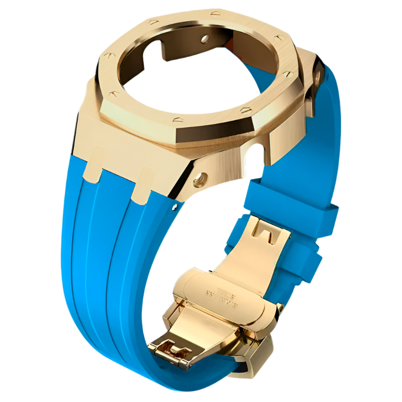 LightBlue Rubber and Gold Steel Band