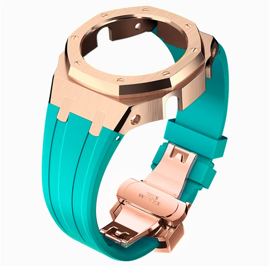 Teal Rubber and RoseGold Steel Band