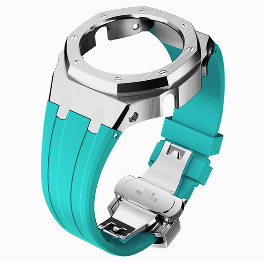 Teal Rubber and Silver Steel Band