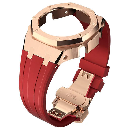 Red Rubber and RoseGold Steel Band