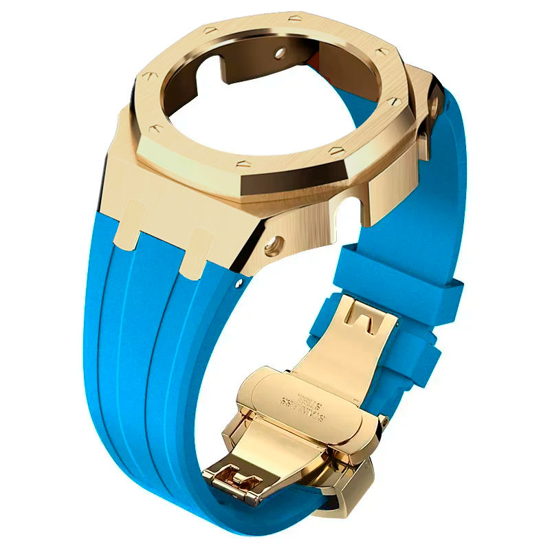 LightBlue Rubber and Gold Steel Band